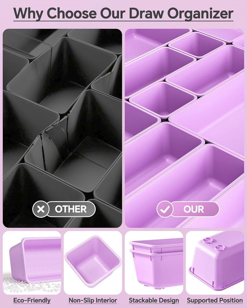 KEMETHY 25 PCS Plastic Drawer Organizers Set, 4 Sizes Vanity Organizer, Makeup and Desk Drawer Organizer Trays, Organization and Storage for Makeup, Bathroom, Kitchen Utensils and Office (Purple) - Image 5